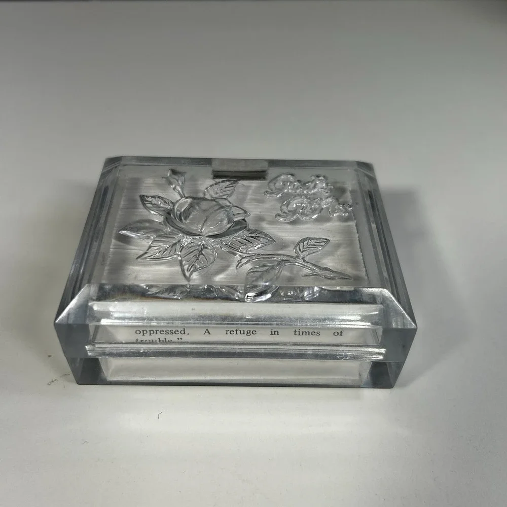 Vintage Warner Press Lucite Scripture Box Clear Rose Floral Hong Kong Gifts